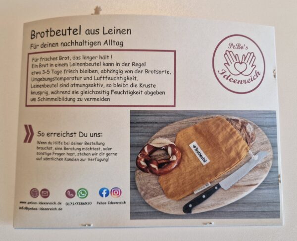 Leinen Brotbeutel  „klein“ 31 x 22cm Farbe korkuma – Bild 4